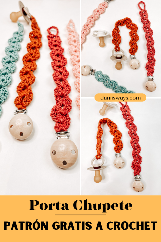 Una imagen de Pinterest donde aparecen porta chupetes tejidos a crochet en varios colores. La imagen lee "Porta chupete, patrón gratis a crochet"