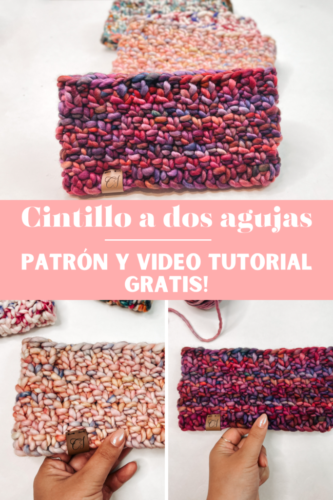 Imagen de pinterest que es un collage con 3 fotos de cintillos tejidos a dos agujas. Uno morado, y uno rosado. La imagen lee "Cintillo a dos agujas, patrón y video tutorial gratis"